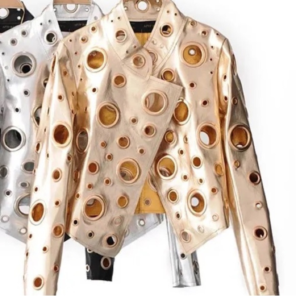 Gold Leather Jacket With O Silver Hardware